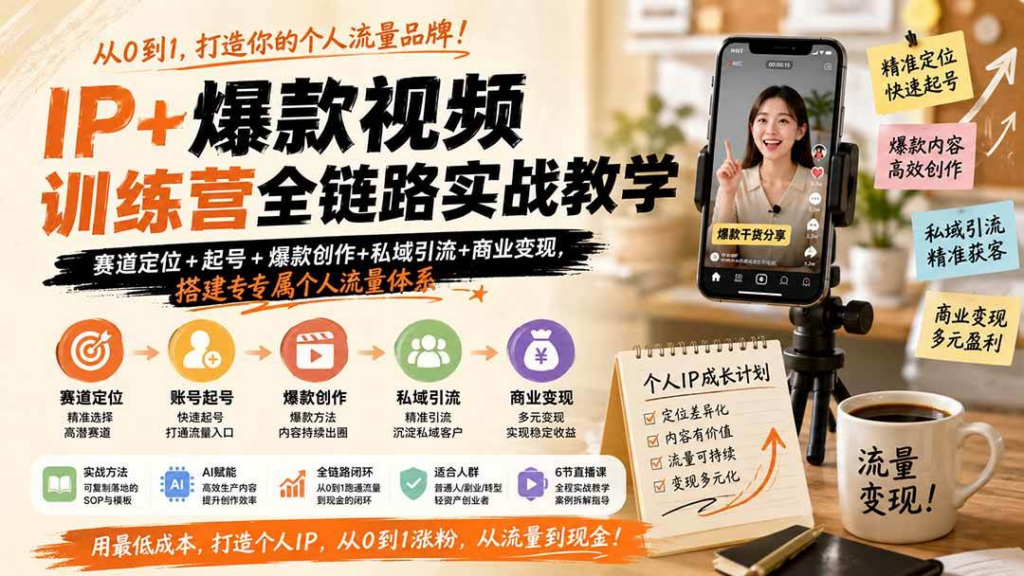 IP+爆款视频训练营全链路实战教学;赛道定位+起号+爆款创作+私域引流+商业变现,搭建专属个人流量体系-创星溯资源站