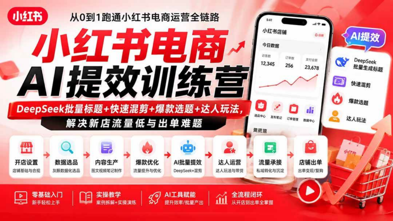 小红书电商AI提效训练营—DeepSeek批量标题+快速混剪+爆款选题+达人玩法，解决新店流量低与出单难题-创星溯资源站